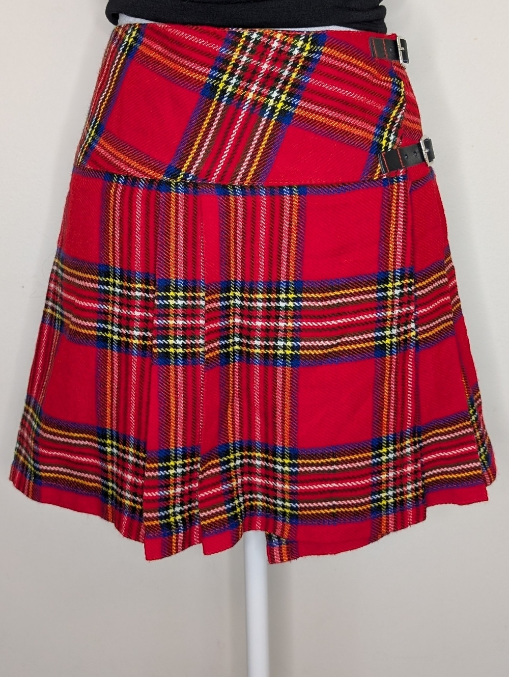 Red Tartan Wrap Skater Skirt with Buckle Accents